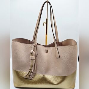 TORY BURCH Leather Color Block Large Tote Light Dusty Pink Gold Leather Tassle